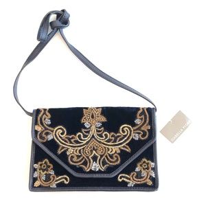 New Isabella Fiore Blue Black Velvet Gold Appliqué Sequins Leather Bag Purse